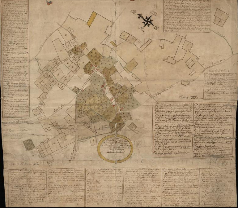 Carte du village et des dîmes de Bierset appartenant au chapitre Saint-Lambert, à l'abbaye Saint-Laurent, à la commanderie de Bierset