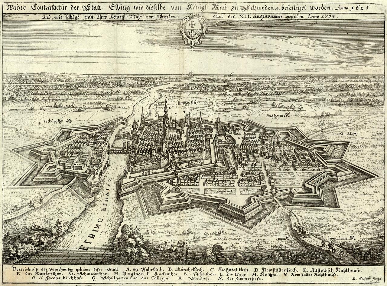 Dessin de la ville de Elbląg (Elbing) et de son château