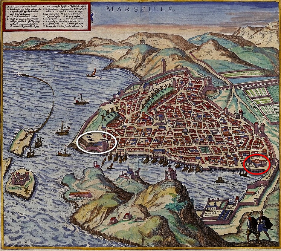 Plan de Marseille en 1575, Braun & Hogenberg, Civitates Orbis Terrarum, II-12 - La commanderie Hospitalière en blanc, la maison templière en rouge